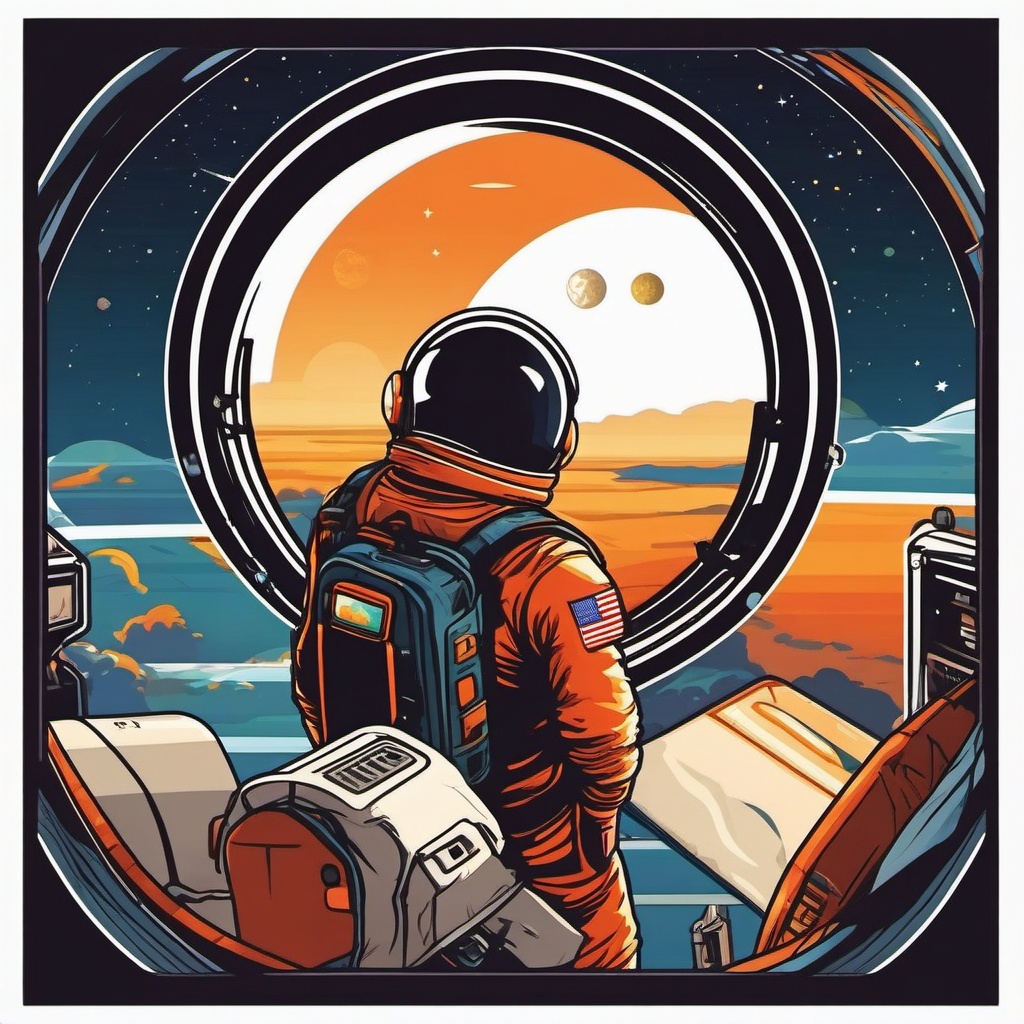 Space Tourism Sticker - Tourist enjoying the view from a space station, ,vector color sticker art,minimal