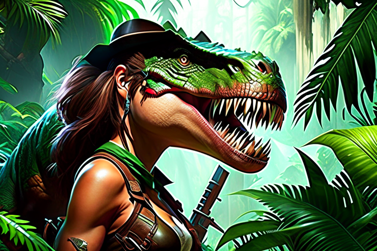 lara croft vs the t-rex - adventurer lara croft confronts a towering t-rex in a lush, prehistoric jungle, using her wits and weapons to survive. 