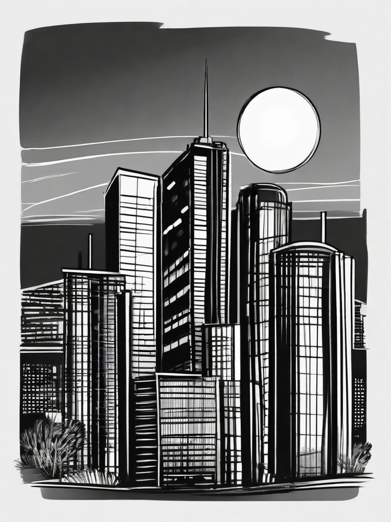 drawing of buildings with a sunset  minimal rough sketch scribbles,doodles,black and white