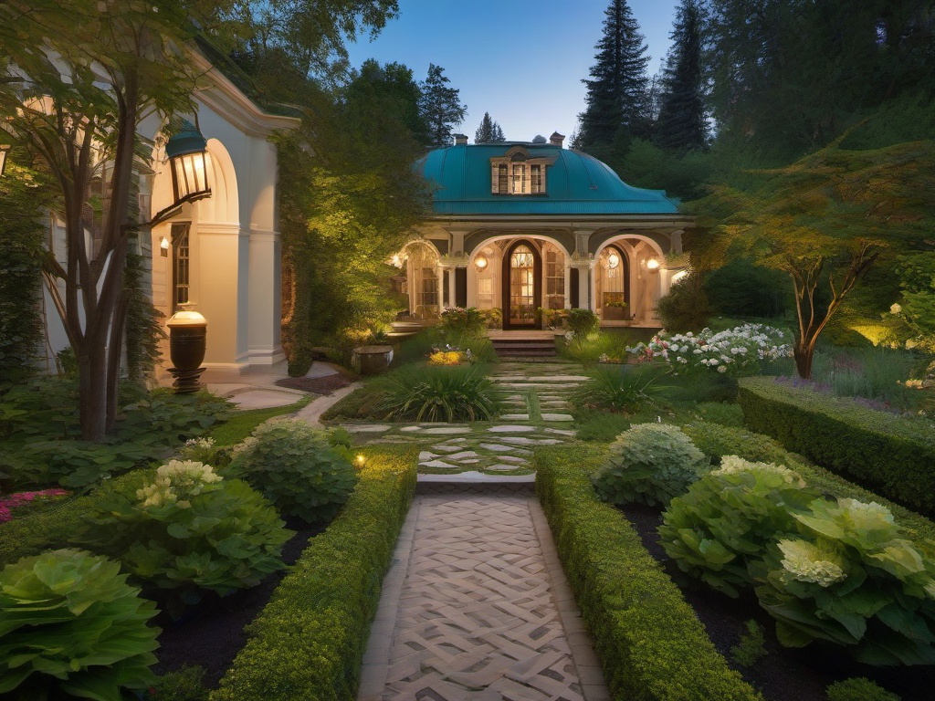 In the garden, Russian Revival interior design highlights intricate landscaping, ornate pathways, and decorative elements that create a sophisticated outdoor retreat for relaxation and enjoyment.  