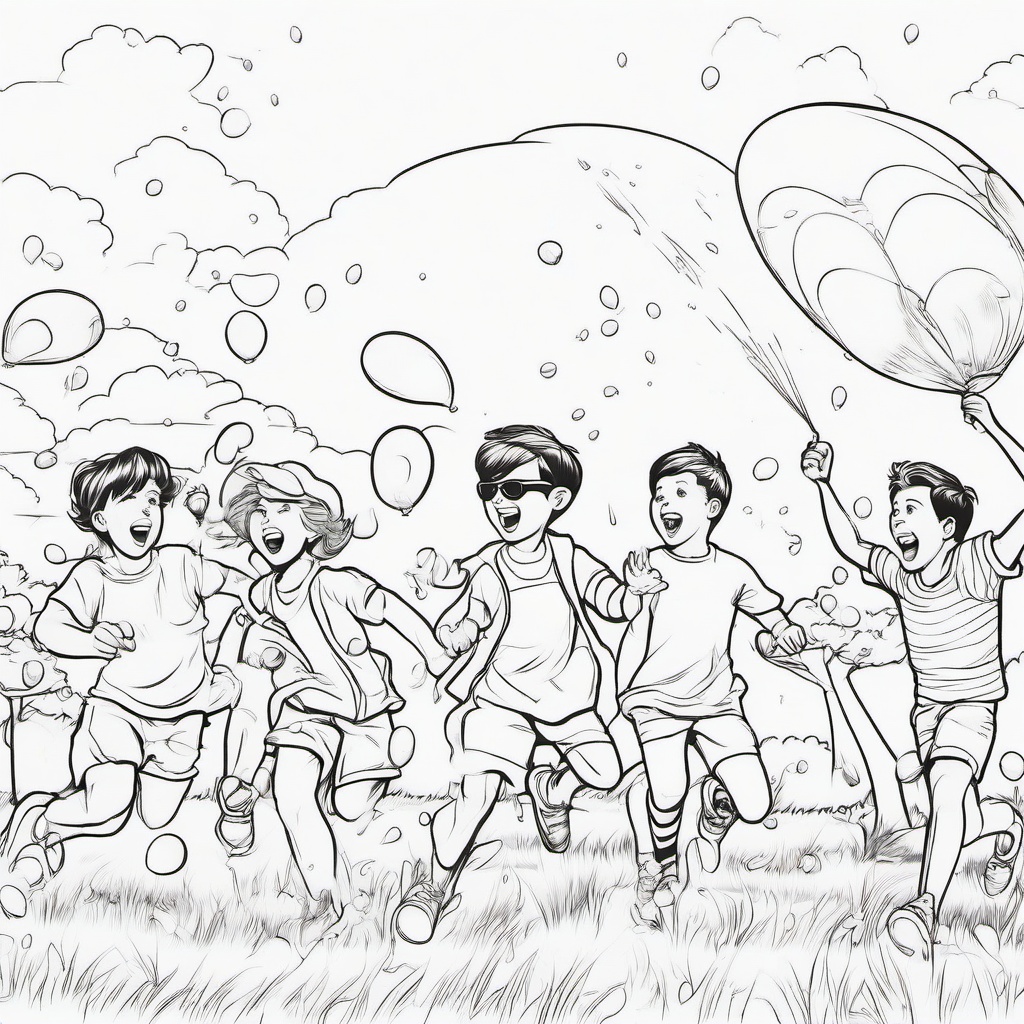 Summer Coloring Pages - Group of friends having a water balloon fight  simple coloring pages