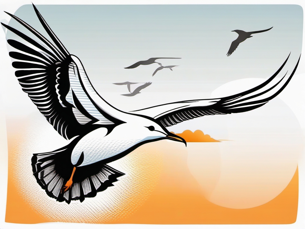 Abstract seagull tattoo soaring in a captivating silhouette against the sky.  color tattoo style, minimalist design, white background