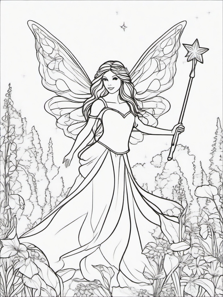 Fairy with Magic Wand Coloring Pages - Fairy Casting Spells with a Wand  minimal black outline printable sheet, coloring page