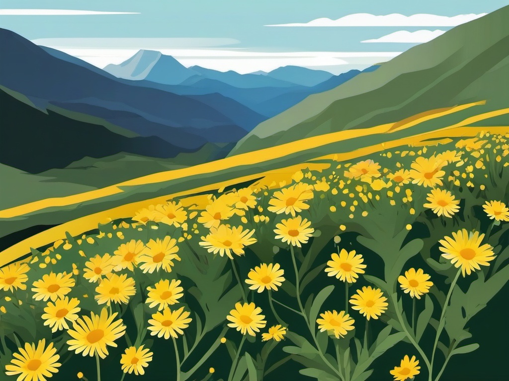 Alpine Yellow Aster Clip Art - Yellow aster flowers in alpine terrains,  color vector clipart, minimal style