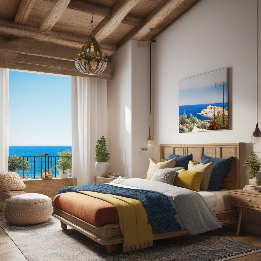 Mediterranean Coastal Escape - Capture the warmth and charm of the Mediterranean coast. , bedroom interior decor design ideas, multicoloured, photo realistic, hyper detail, high resolution,