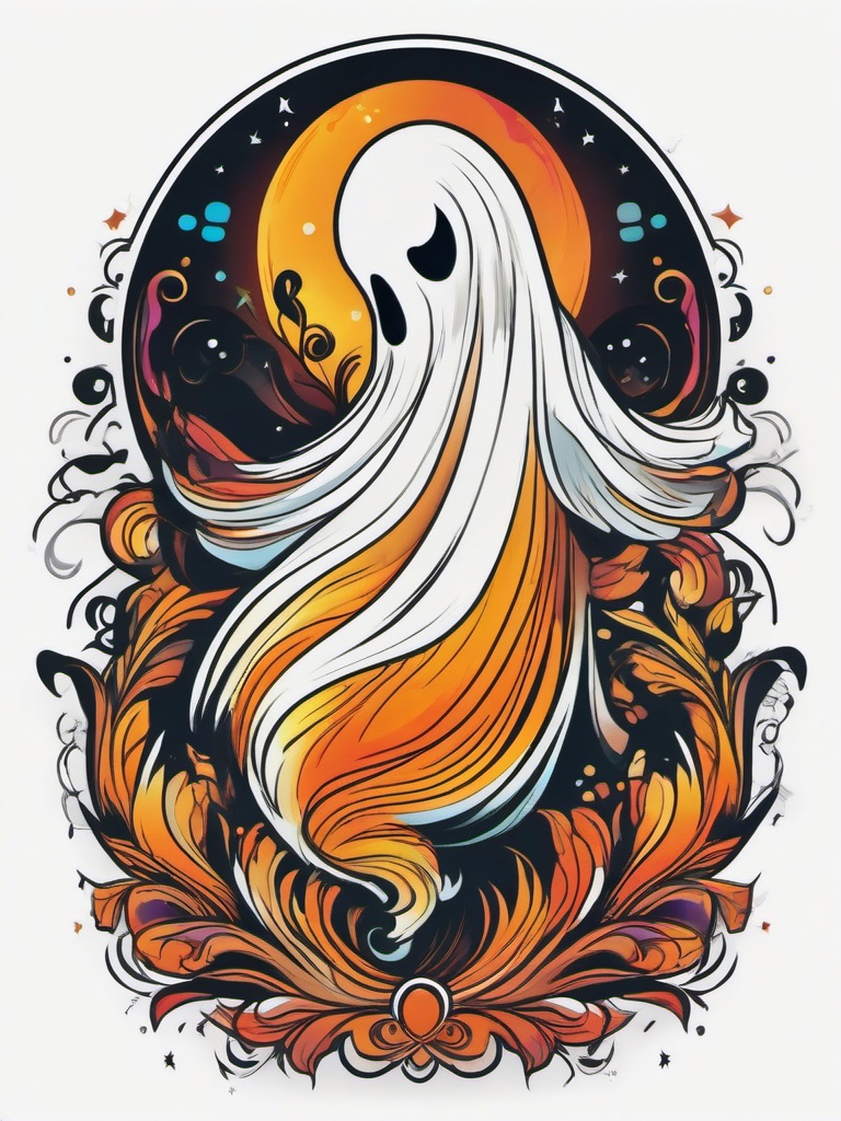 Dancing Ghost Tattoo-Lively supernatural energy, playful and charming spectral movement.  simple vector color tattoo