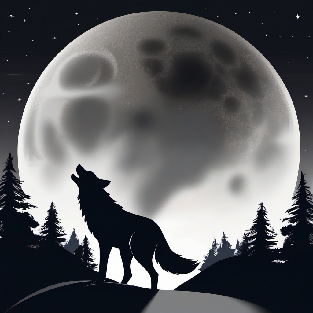 Wolf Clipart - Wolf howling at the full moon on a dark night , minimal, 2d