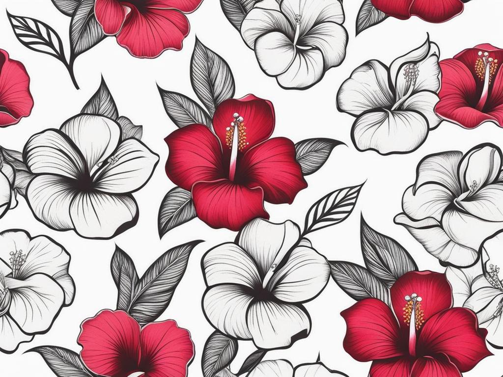 Gumamela tattoo, Tattoos inspired by the gumamela flower, also known as hibiscus. colors, tattoo patterns, clean white background