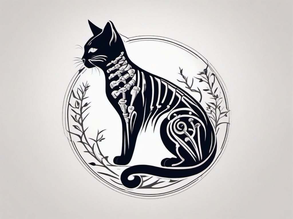 Cat Skeleton Tattoo - Tattoo featuring a stylized or artistic depiction of a cat skeleton.  minimal color tattoo, white background