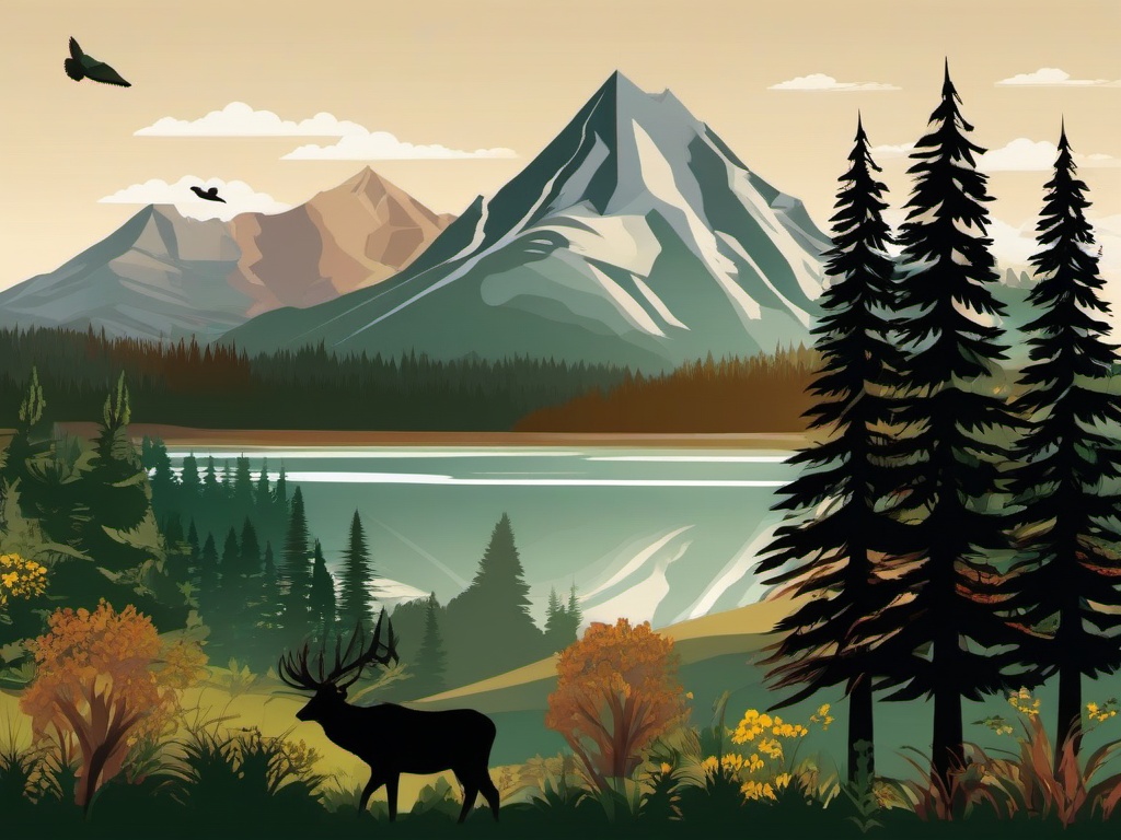 Mountain clipart - mountain with trees and wildlife  