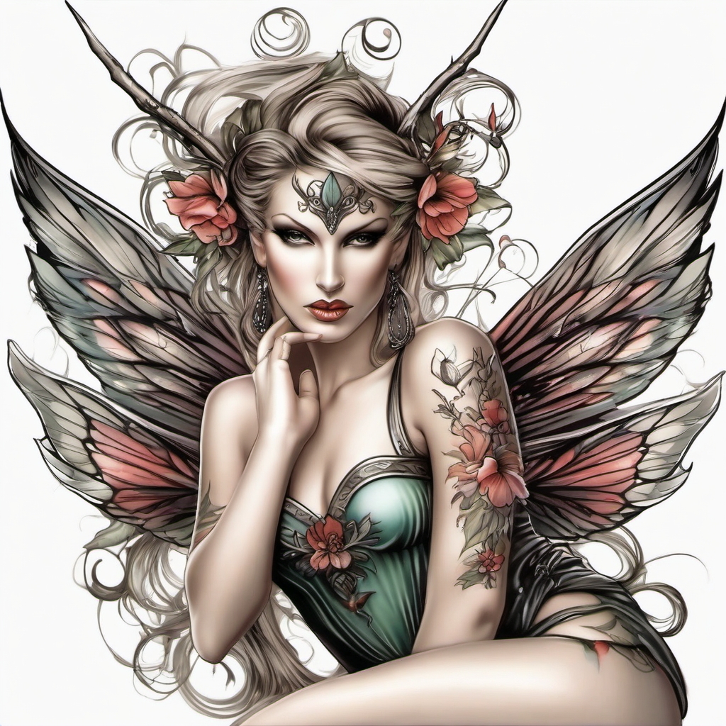 evil fairy tattoo designs  simple color tattoo style,white background