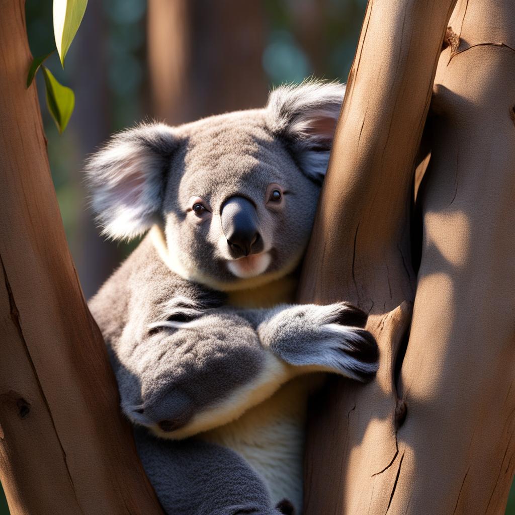 koala napping in the crook of a eucalyptus tree 8k ultrarealistic cinematic 