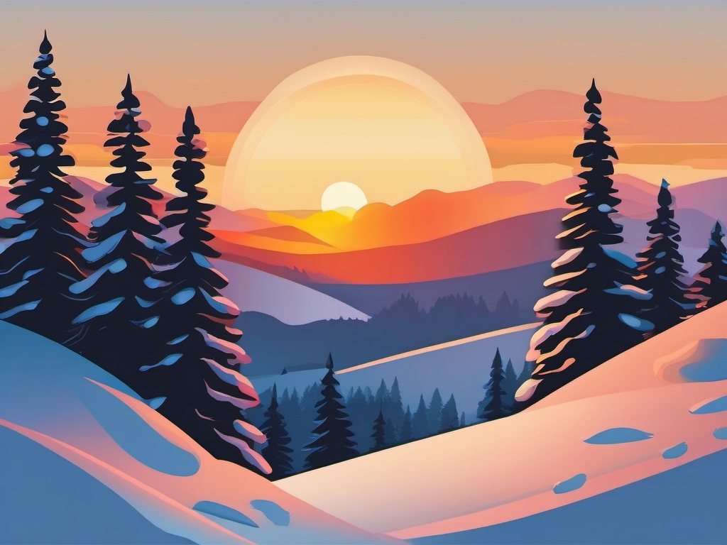 Sunset over snowy hills sticker- Winter warmth, , sticker vector art, minimalist design