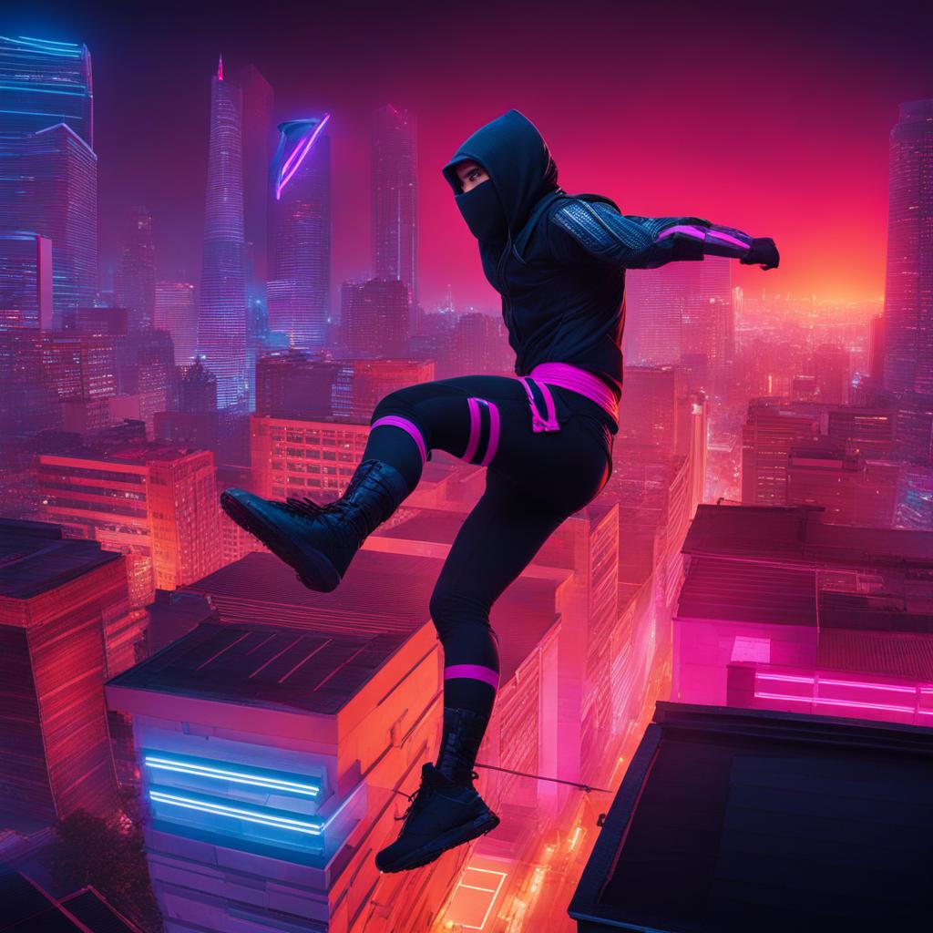 stealthy ninja warrior leaping from rooftop to rooftop in a bustling, neon-lit city. 