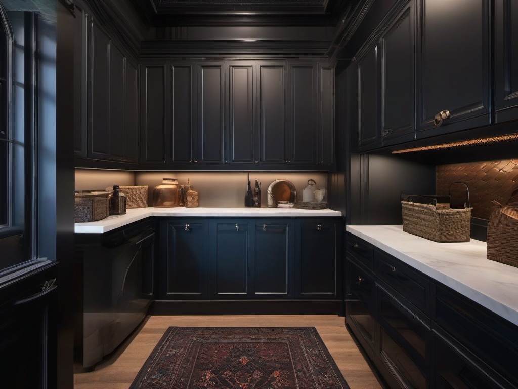 A utility room designed with Gothic interior design includes practical storage solutions, vintage accents, and a rich color palette that makes chores feel stylish and manageable.  