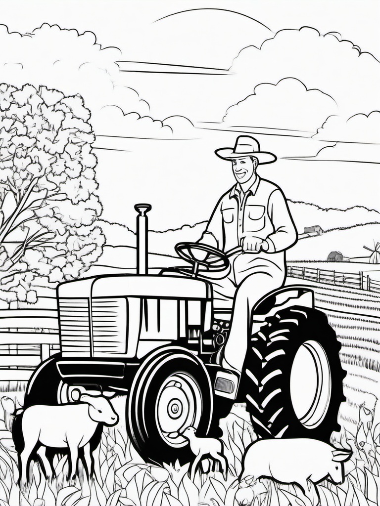 Farm Animal Coloring Pages - Farmer and his tractor with animals nearby  simple coloring pages