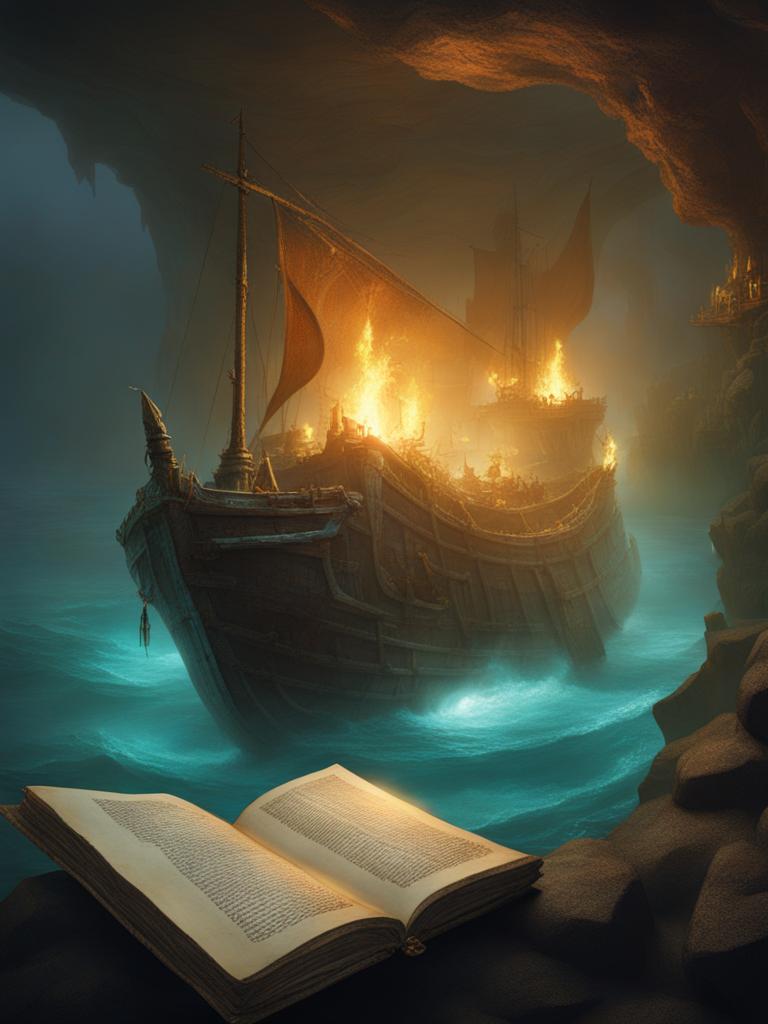 sunken shipwreck guarded by water elementals, hiding valuable mage scrolls. 