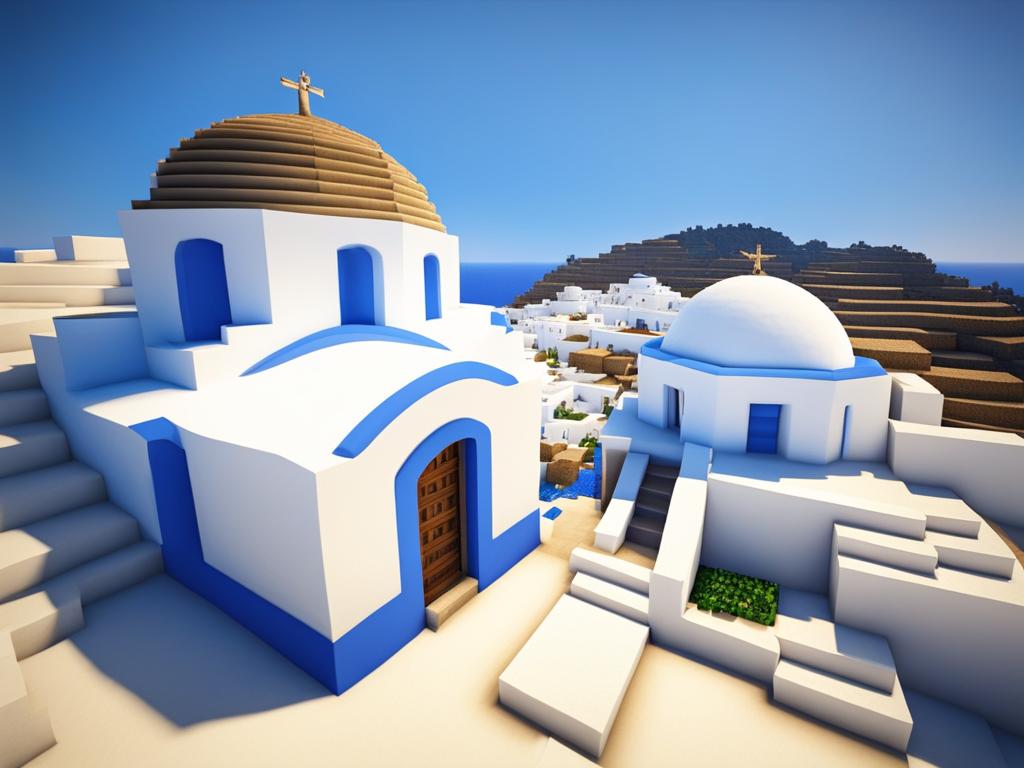 greek island village with white-washed buildings and blue domes - minecraft house ideas minecraft block style