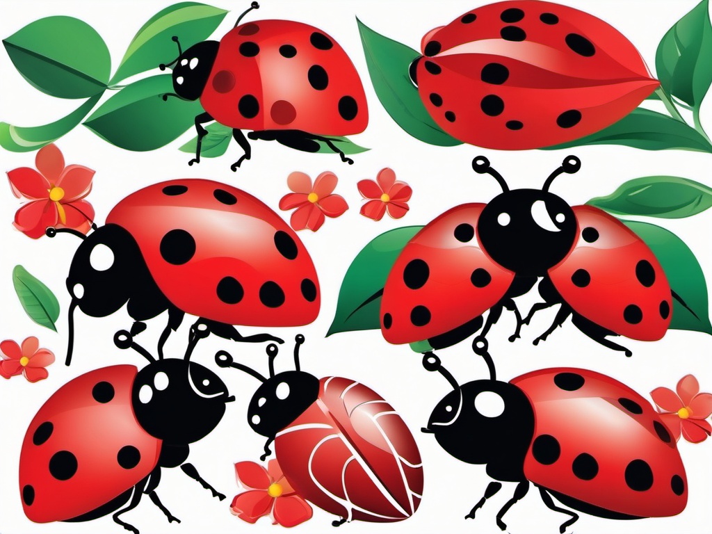 Ladybugs clipart - Red and black ladybugs on a leaf, ,vector color clipart,minimal