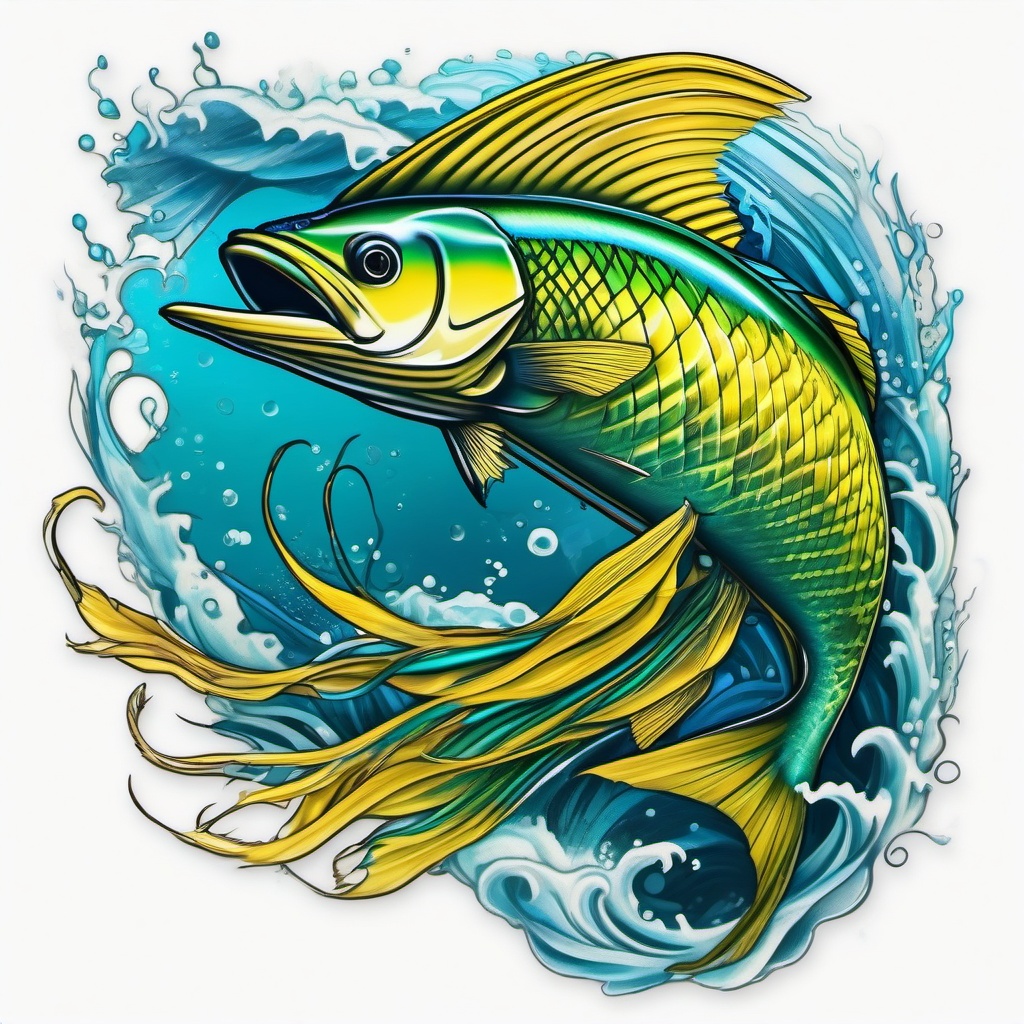 Mahi Mahi Tattoo,a captivating tattoo celebrating the magnificent mahi-mahi, a symbol of oceanic adventure. , tattoo design, white clean background