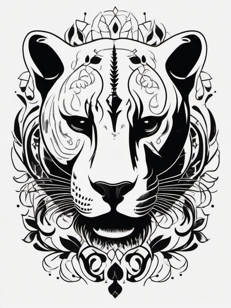 Panther and skull tattoo. Symbol of life and death in the wild.  minimalist black white tattoo style