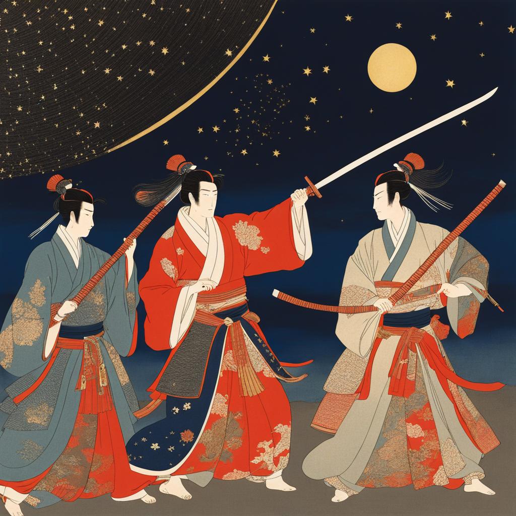 six samurai - shi en and friends in a celestial dance under a starry sky. 