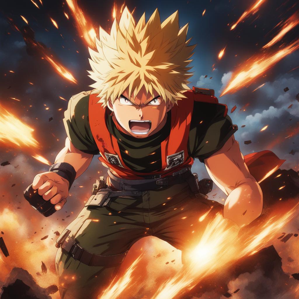 bakugou charges headlong into a chaotic battlefield, explosions lighting the sky. 