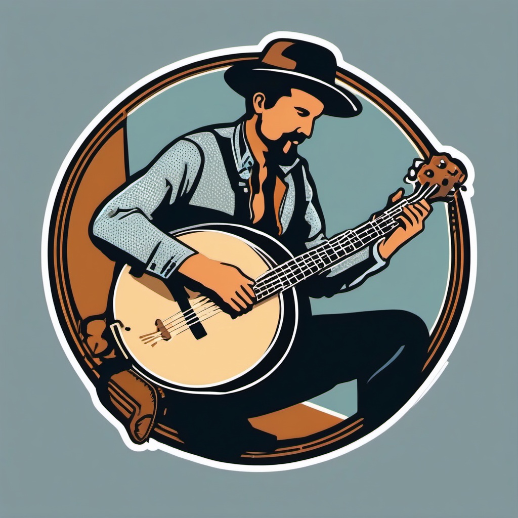 Banjo Sticker - Strumming the strings of a banjo, creating a twangy and folksy vibe, , sticker vector art, minimalist design