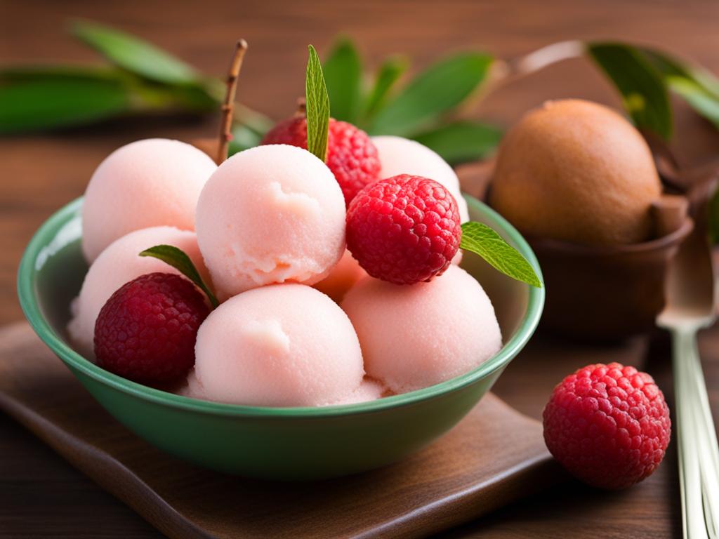 lychee sorbet, a refreshing frozen dessert with lychee fruit flavor. 