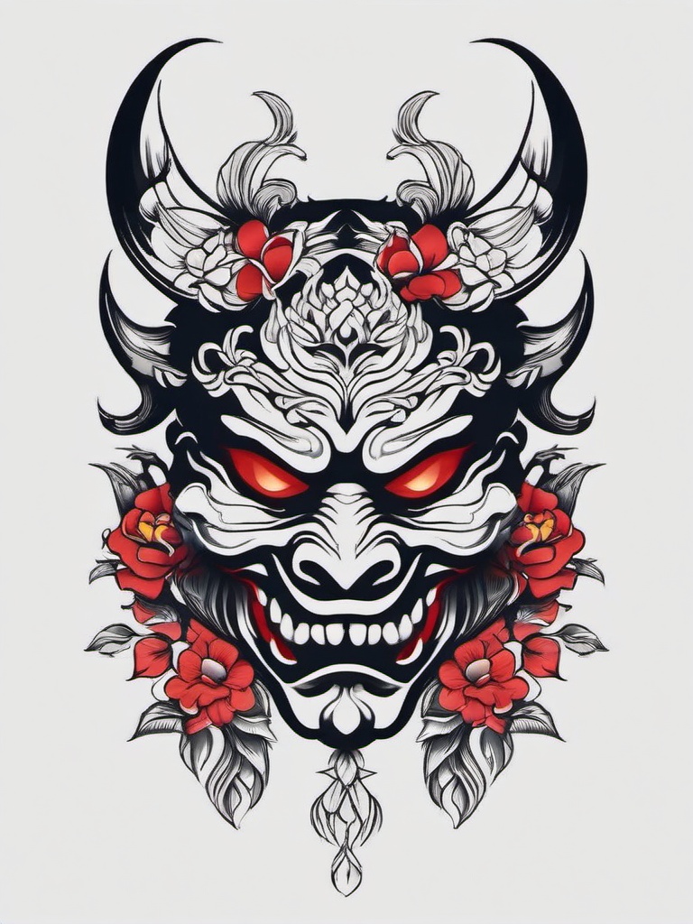 Oni Mask with Flowers Tattoo - Combines the fierceness of the Oni mask with the delicacy of flowers in tattoo design.  simple color tattoo,white background,minimal