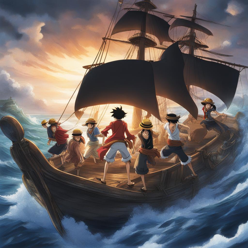 monkey d. luffy and the straw hat pirates navigate their ship through treacherous grand line waters. 