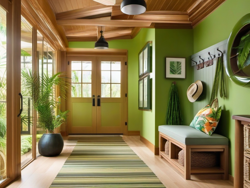 Tropical mudroom includes bright colors, bamboo accents, and lush greenery that bring a refreshing feel to the entryway.  