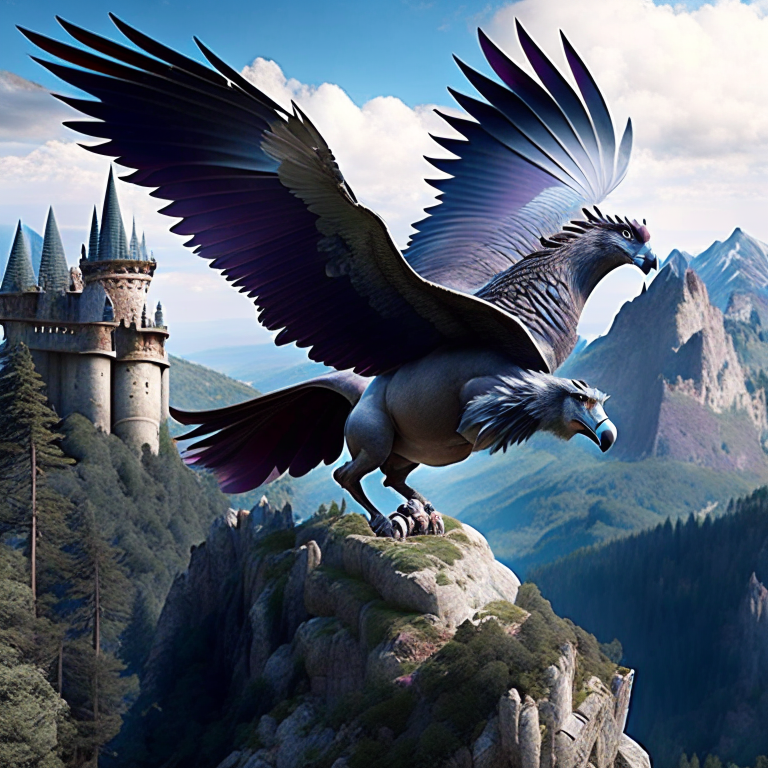 hippogriff, the regal creature, taking flight from a grand castle perched on a high peak. 