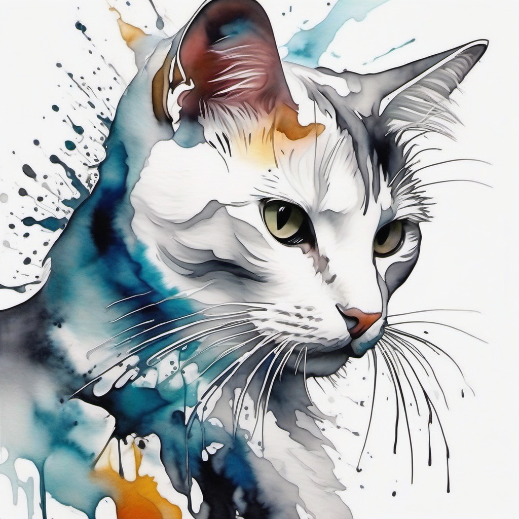 Fluid expression of the cat's grace in an abstract cat watercolor tattoo: A vibrant masterpiece.  black white outline tattoo, white background