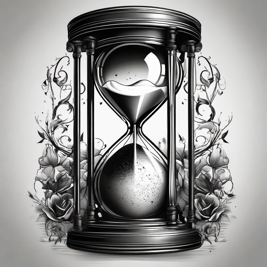 Bleeding hourglass counts, marking time's passage in the death tattoo.  black and white tattoo style