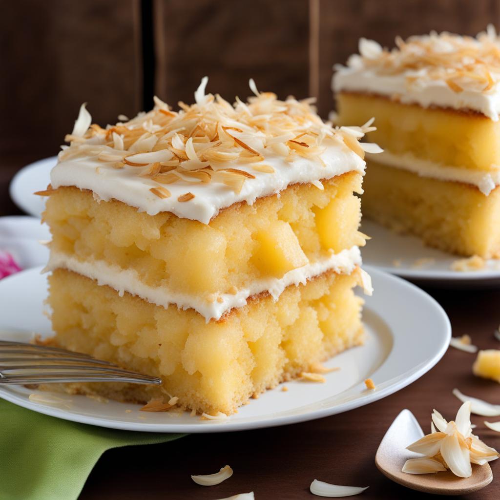 coconut pineapple cake with toasted coconut flakes, relished at a tropical luau. 