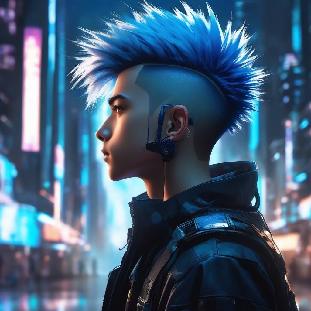 Boy with blue spiky hair in a futuristic cyberpunk city.  front facing, profile picture, anime style