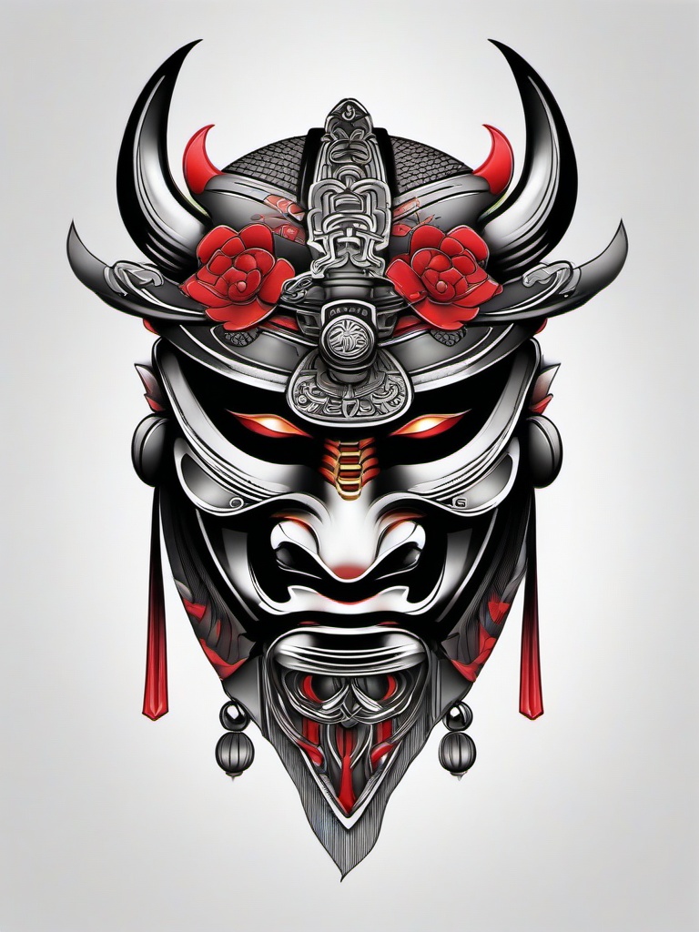 japanese samurai mask tattoo  simple color tattoo,white background,minimal