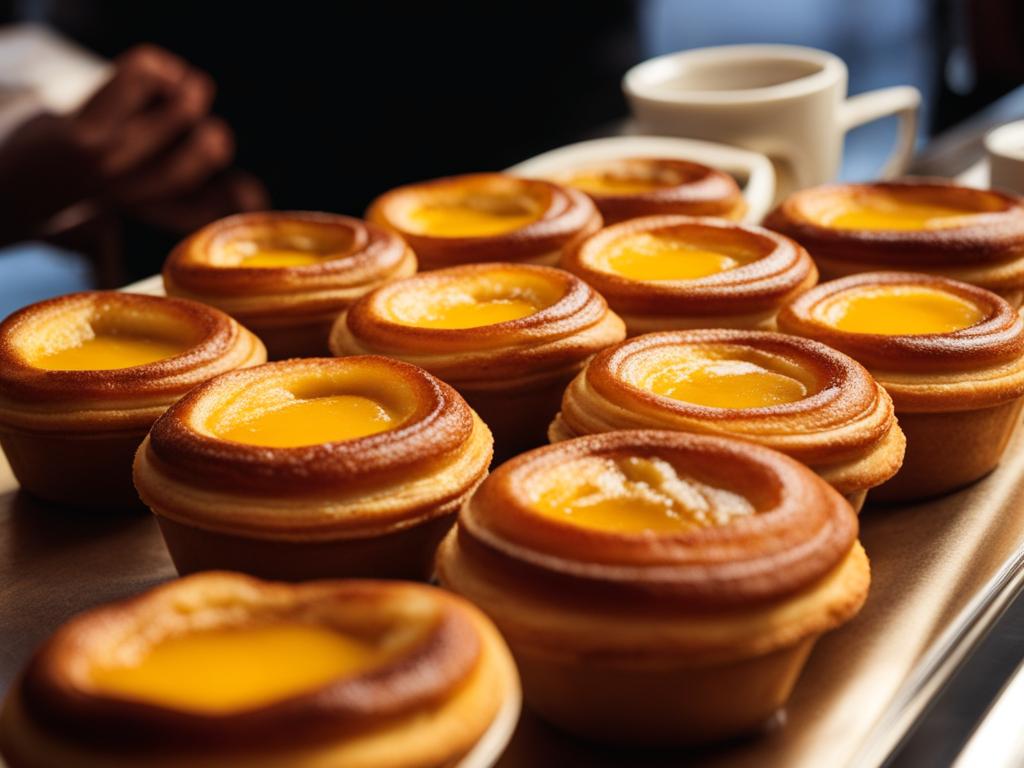 pastel de nata, portuguese custard tarts, savored at a historic pastelaria in lisbon. 