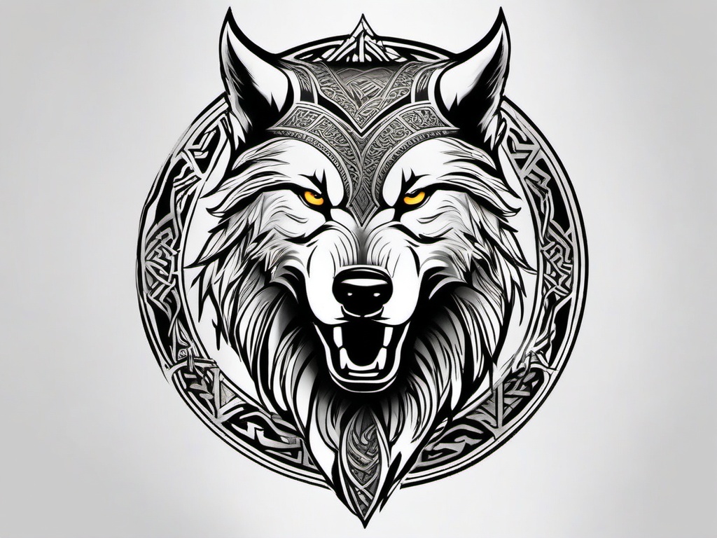 Viking Wolf Tattoo,wolf with a Viking twist, warrior spirit united with the untamed soul of the wolf. , tattoo design, white clean background