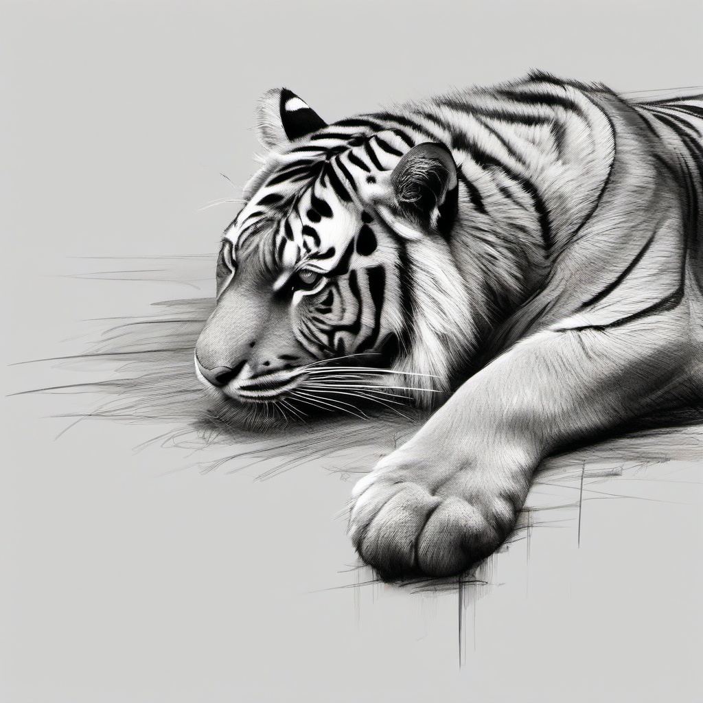 drawing of a tiger lying down  minimal rough sketch scribbles,doodles,black and white