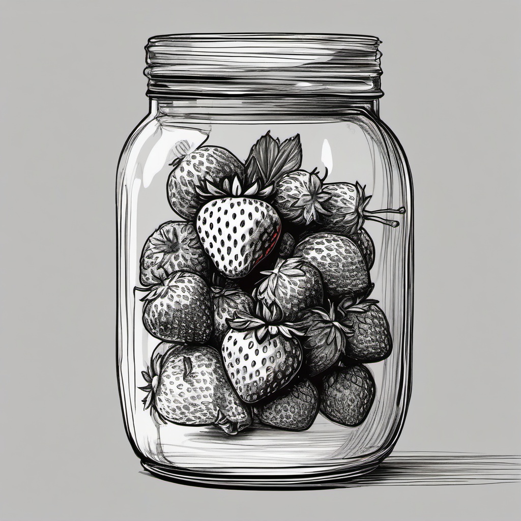 drawing of a strawberry in a jar  minimal rough sketch scribbles,doodles,black and white