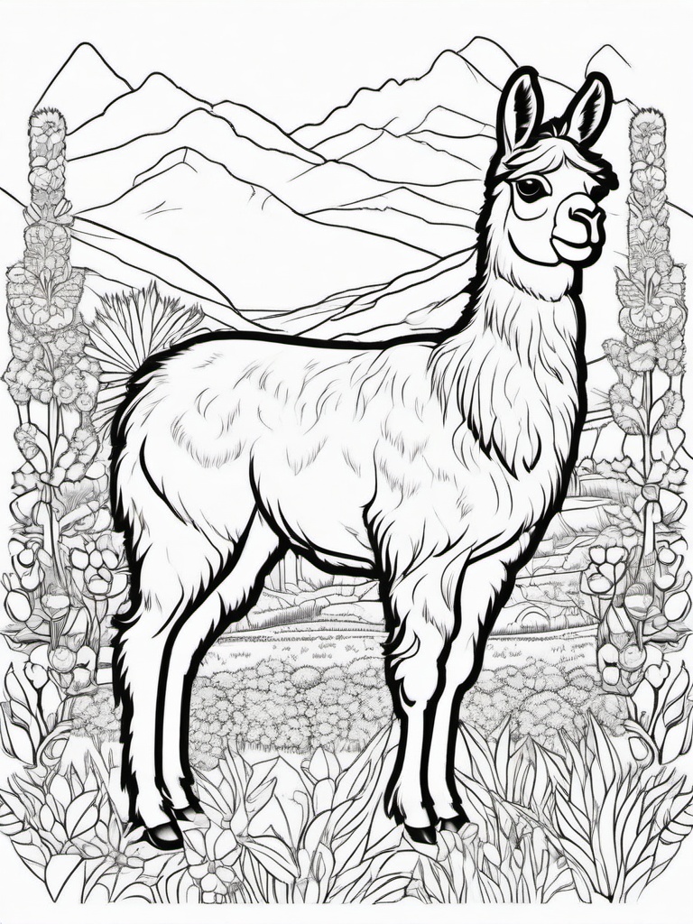 Llama Coloring Page - Fluffy Andean Animal  black outline printable coloring page