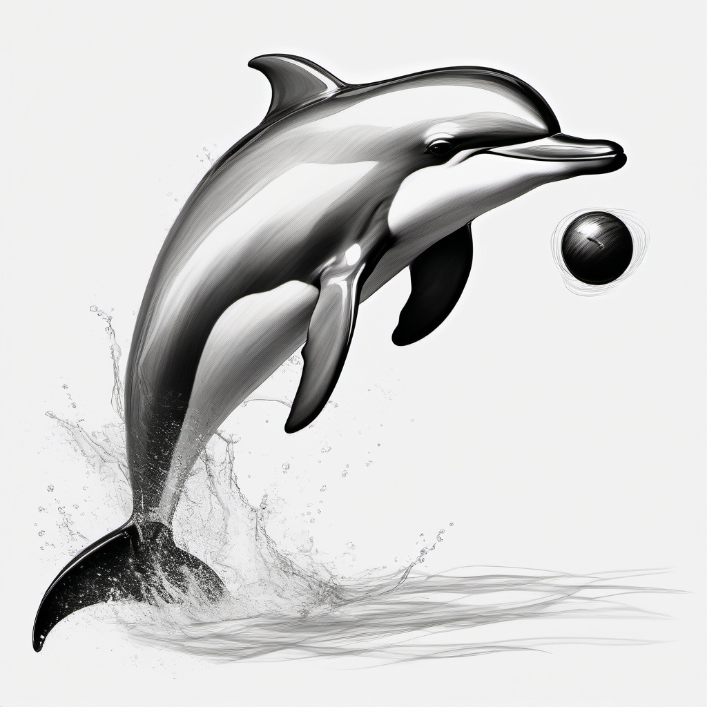 drawing of a dolphin with a ball  minimal rough sketch scribbles,doodles,black and white