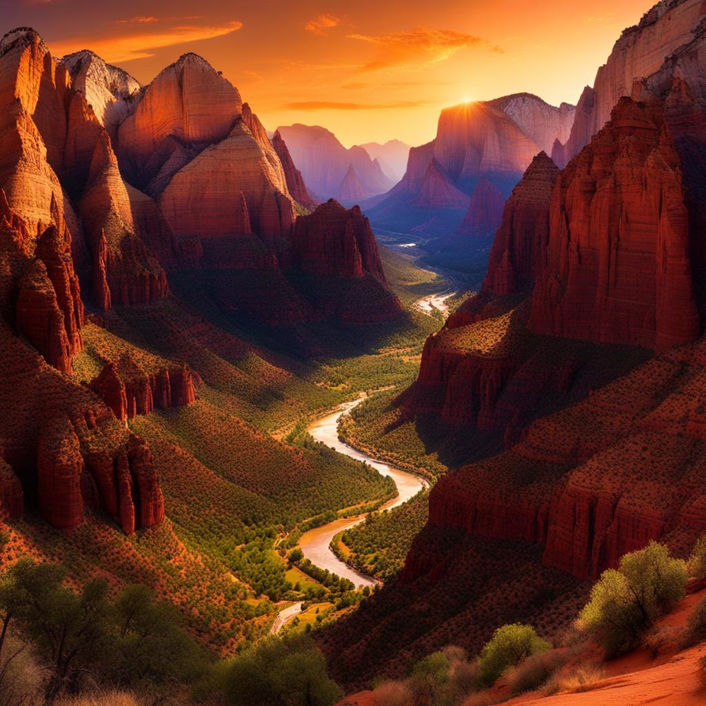 zion national park - illustrate the mystical night scene of zion national park, with its towering red rock canyons and the virgin river winding through. 