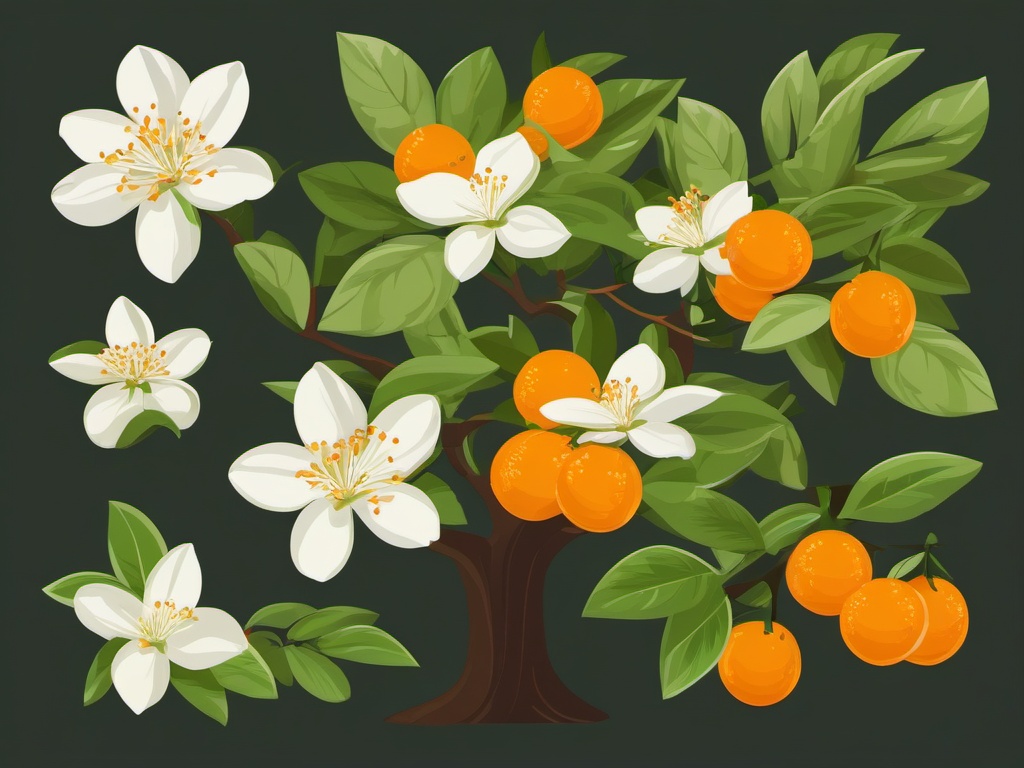 Orange Blossom Tree Clipart - A blossoming orange tree with white flowers.  color vector clipart, minimal style