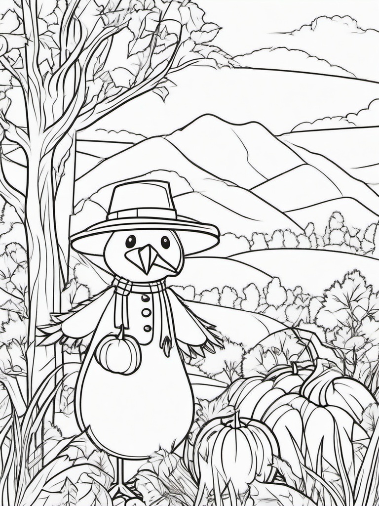 Turkey and Scarecrow Coloring Pages - Fun Fall Scene with Turkey and Scarecrow  minimal black outline printable sheet, coloring page