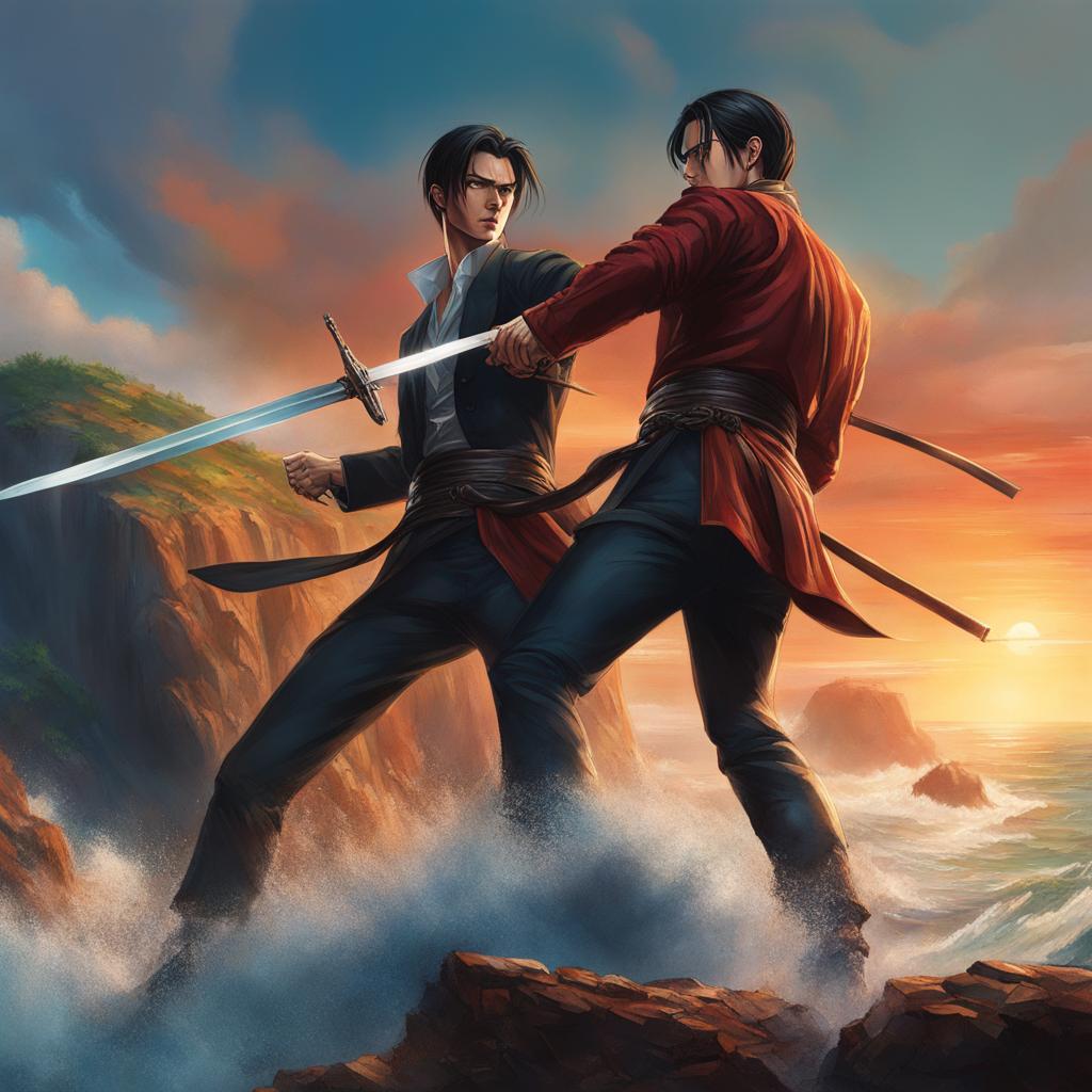 levi ackerman,engaging in a fierce hand-to-hand combat duel,a towering cliff overlooking the ocean hyperrealistic, intricately detailed, color depth,splash art, concept art, mid shot, sharp focus, dramatic, 2/3 face angle, side light, colorful background