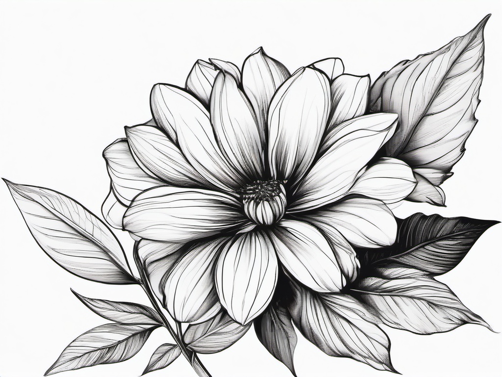 drawing of a flower with leaves  minimal rough sketch scribbles,doodles,black and white