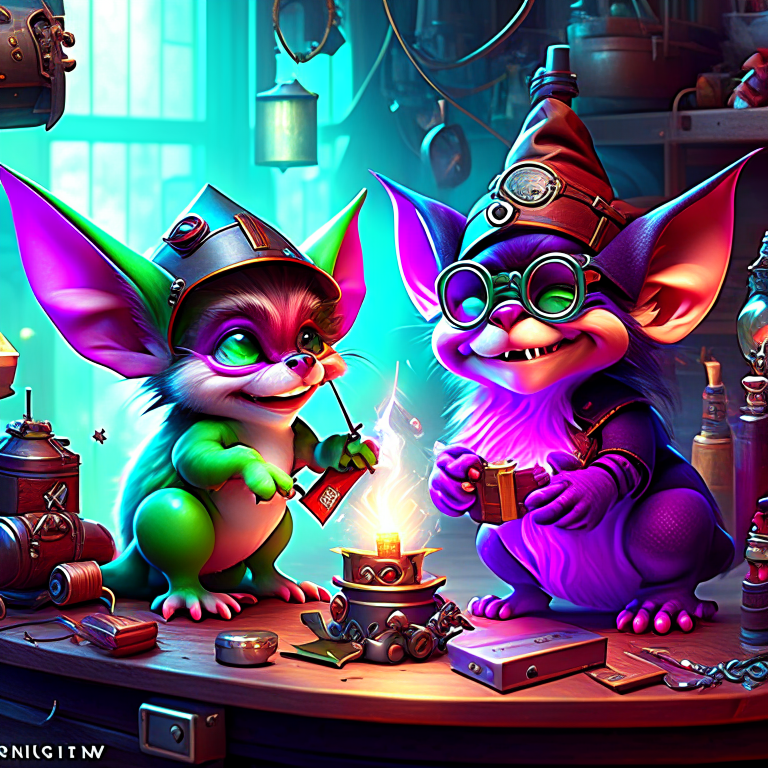 gremlin vs imp - mischievous creatures wreak havoc in a magical workshop, gadgets and spells gone awry. 